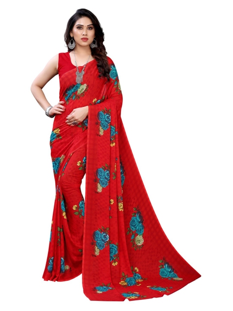 

KALINI Red & Blue Floral Pure Georgette Saree