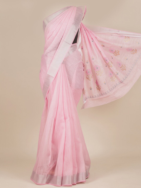 

Pothys Pink & Silver-Toned Woven Design Zari Pure Cotton Saree