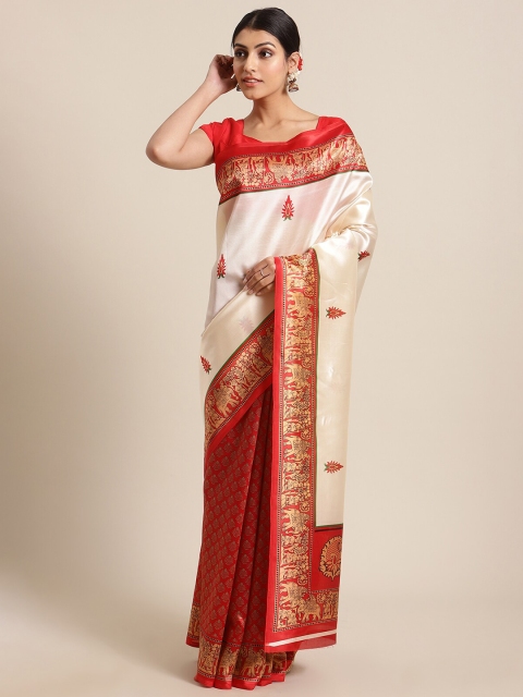 

KSUT White & Red Floral Art Silk Saree
