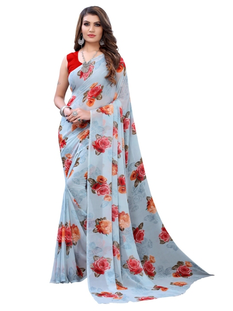 

KALINI Grey & Pink Floral Pure Georgette Saree