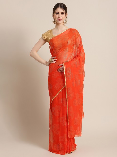 

KSUT Orange & Gold-Toned Embellished Beads and Stones Pure Chiffon Saree
