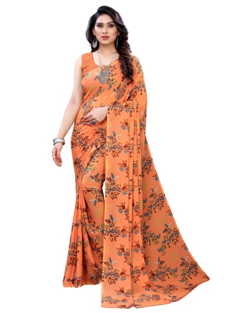 

KALINI Orange & Grey Floral Pure Georgette Saree