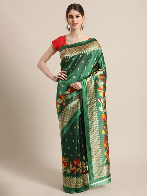 

KSUT Green & Beige Ethnic Motifs Art Silk Saree