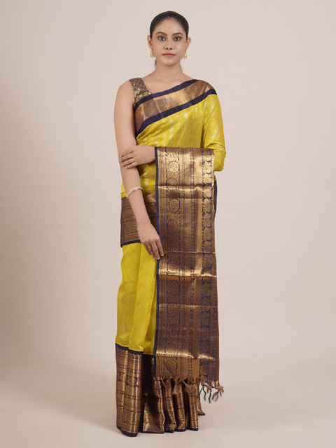 

Pothys Lime Green & Navy Blue Woven Design Zari Pure Silk Gadwal Saree