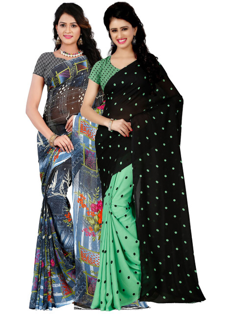 

KALINI Pack Of 2 Black & Grey Floral Half and Half Sarees