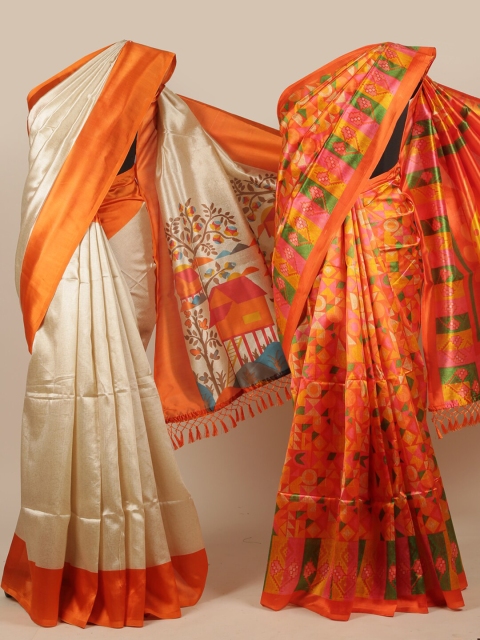

Pothys Pack of 2 Cream & Orange Printed Jute Silk Saree