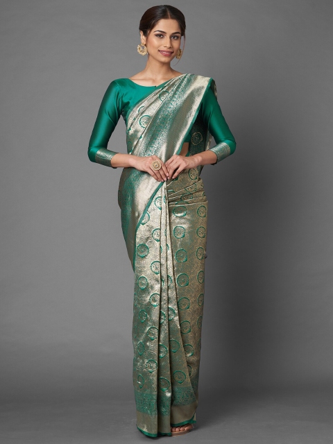 

Mitera Teal & Silver-Toned Woven Design Silk Blend Banarasi Saree