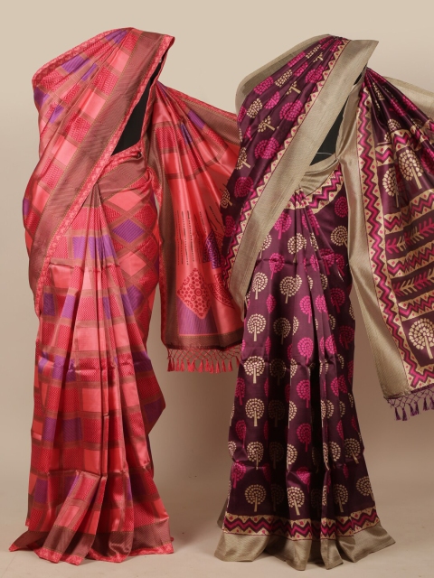 

Pothys Pack of 2 Pink & Purple Printed Jute Silk Saree