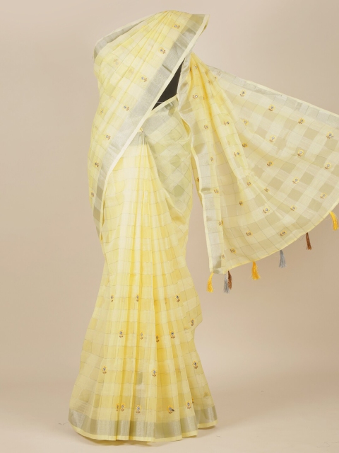 

Pothys Yellow & Brown Checked Mirror Work Tissue Saree