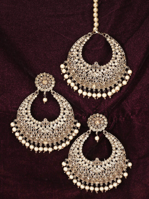 

Adwitiya Collection Off-White 24KT Gold-Plated Stone-Studded Maang Tikka with Jhumkas