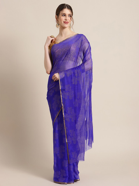 

KSUT Blue & Gold-Toned Floral Pure Chiffon Saree