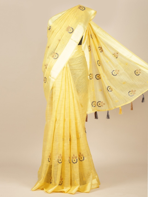 

Pothys Yellow & Gold-Toned Floral Embroidered Pure Cotton Saree