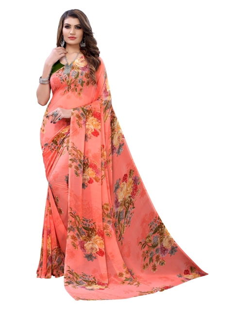 

KALINI Peach Floral Printed Pure Georgette Saree