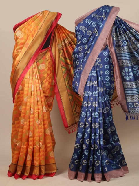 

Pothys Orange & Blue Pack Of 2 Printed Jute Silk Saree
