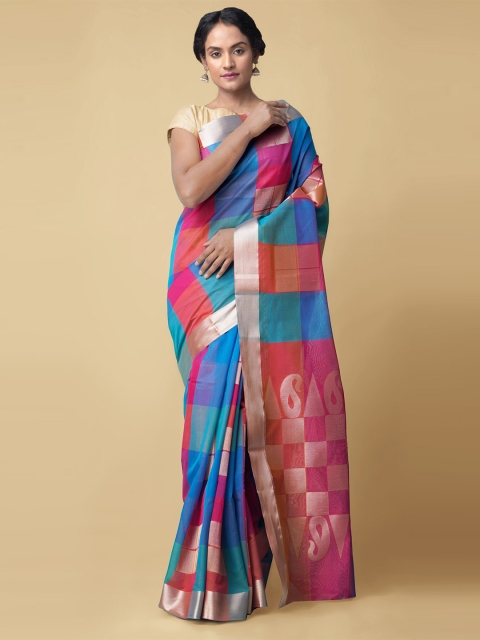 

Unnati Silks Blue & Red Checked Zari Silk Cotton Baluchari Saree