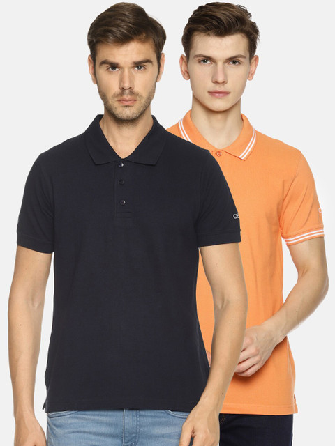 

OBOW Men Pack of 2 Navy Blue & Orange Polo Collar T-shirt
