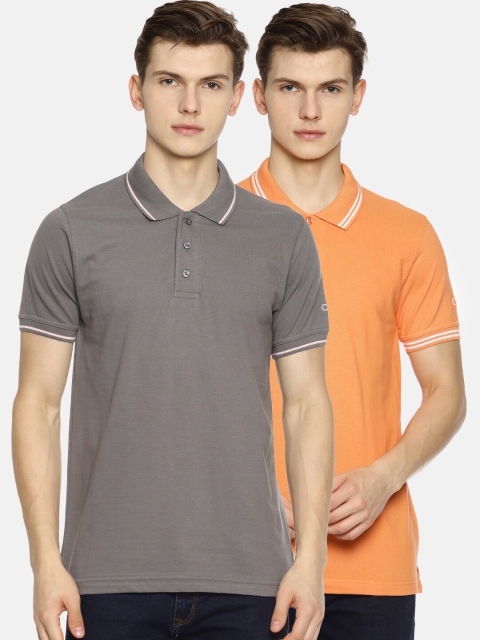 

OBOW Men Grey Orange Pack of 2 Polo Collar Pure Cotton T-shirts