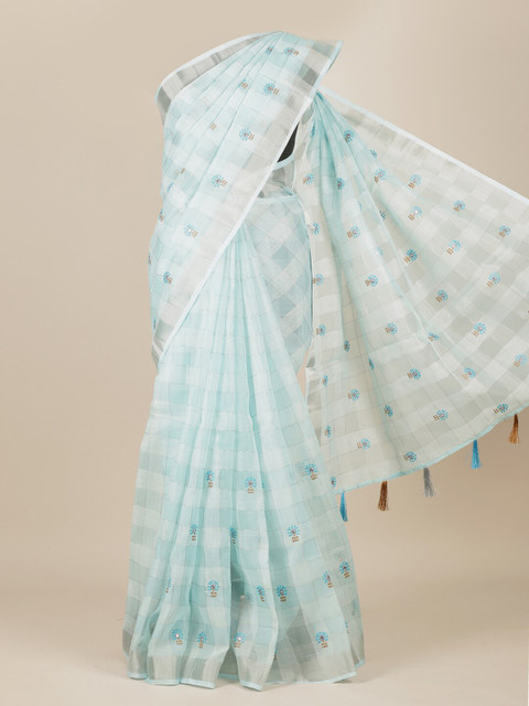 

Pothys Blue & Off White Checked Zari Tissue Saree