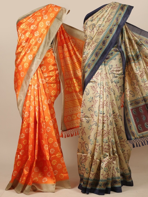 

Pothys Pack Of 2 Orange & Beige Ethnic Motifs Jute Silk Sarees