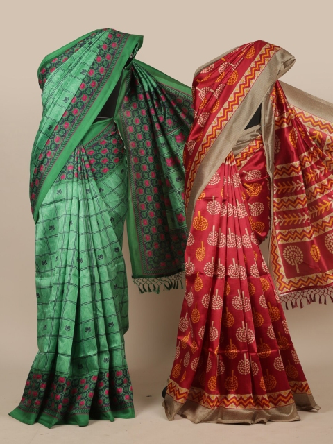 

Pothys Pack Of 2 Green & Maroon Floral Jute Silk Sarees
