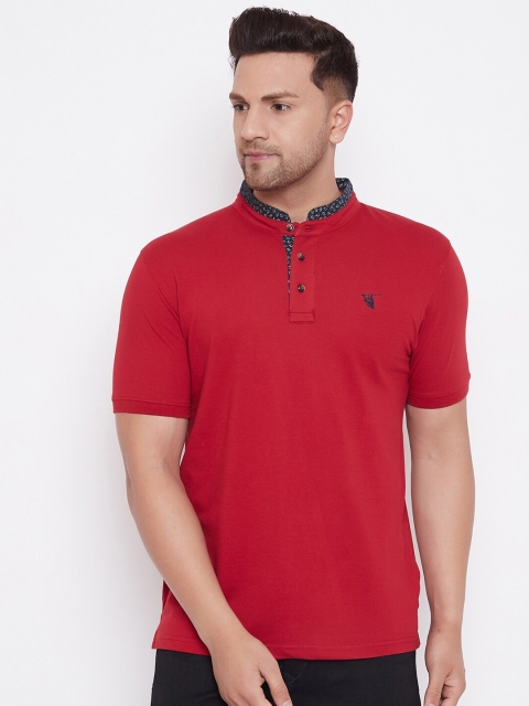 

HARBORNBAY Men Red Mandarin Collar Applique T-shirt