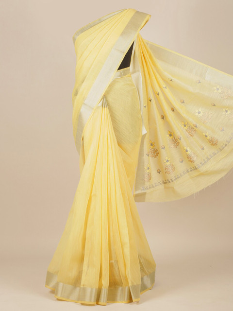 

Pothys Yellow & Silver-Toned Zari Pure Cotton Saree