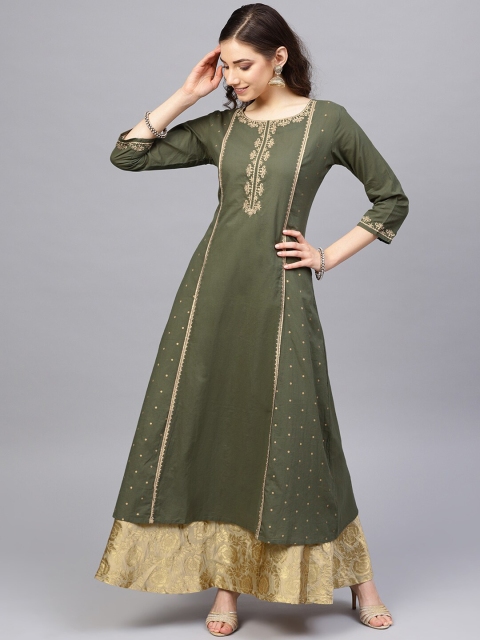 

Varanga Women Olive Green Embroidered Pure Cotton Kurta with Skirt