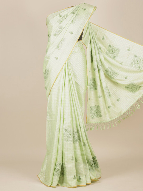 

Pothys Green & Gold-Toned Checked Zari Jute Silk Saree
