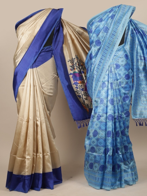 

Pothys Pack of 2 Cream & Blue Printed Jute Silk Saree