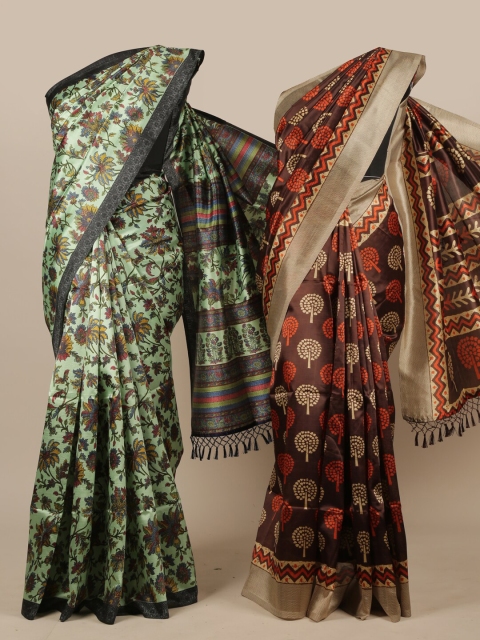 

Pothys Green & Brown Pack Of 2 Floral Jute Silk Saree