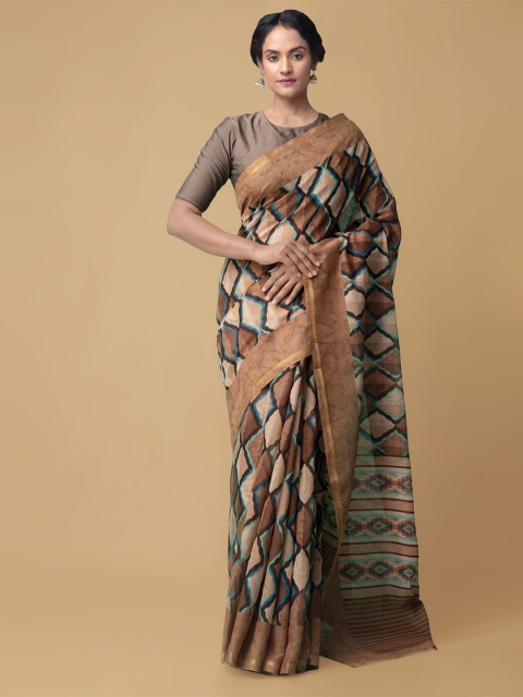 

Unnati Silks Brown & Blue Silk Cotton Handloom Chanderi Saree