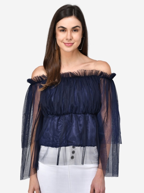 

Darzi Blue Off-Shoulder Net Bardot Top