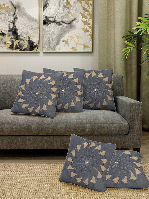 

DREAM WEAVERZ Grey & Beige Set of 5 Embroidered Square Cushion Covers