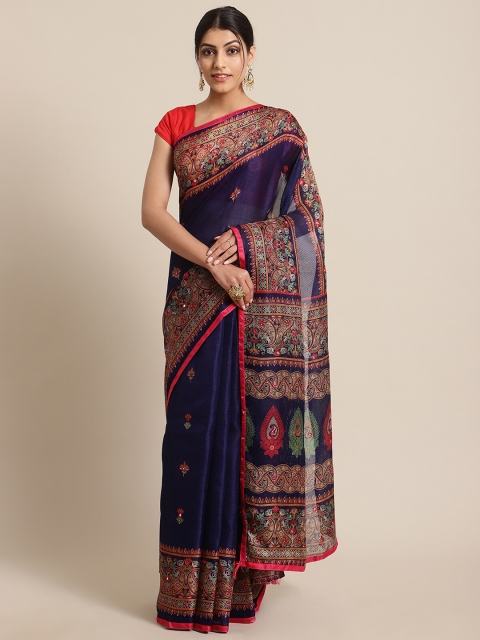 

KSUT Navy Blue & Red Ethnic Motifs Linen Blend Saree