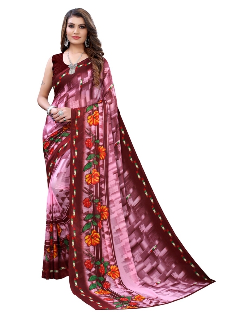 

KALINI Pink & Maroon Floral Pure Georgette Saree