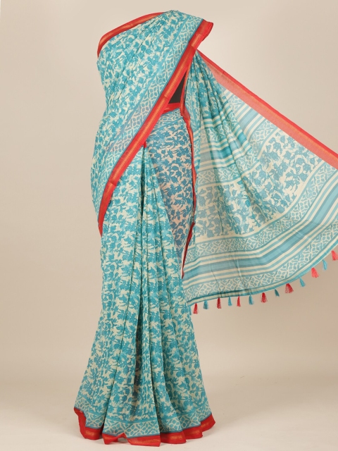 

Pothys Cream & Blue Floral Jute Silk Saree