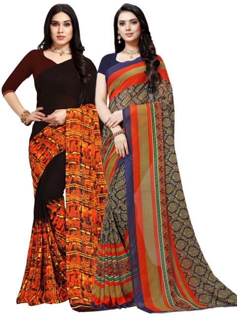 

KALINI Pack of 2 Ethnic Motifs Poly Georgette Sarees, Black
