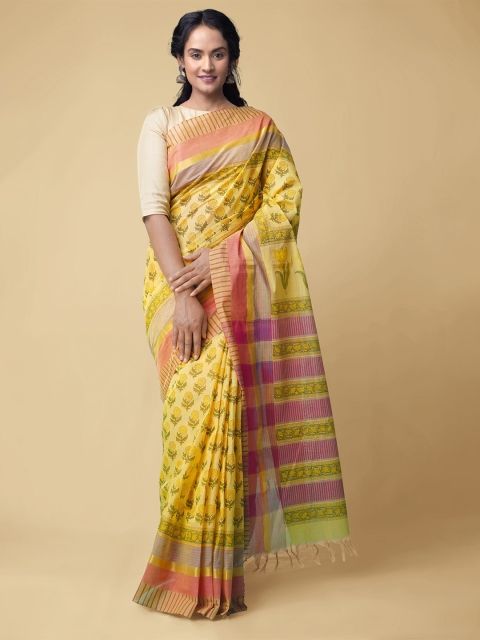

Unnati Silks Yellow & Pink Ethnic Motifs Pure Cotton Mangalagiri Saree