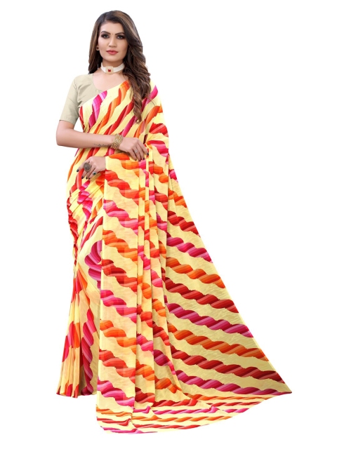 

KALINI Yellow & Pink Striped Pure Georgette Saree
