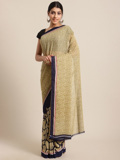

KSUT Beige & Navy Blue Ethnic Motifs Pure Georgette Saree