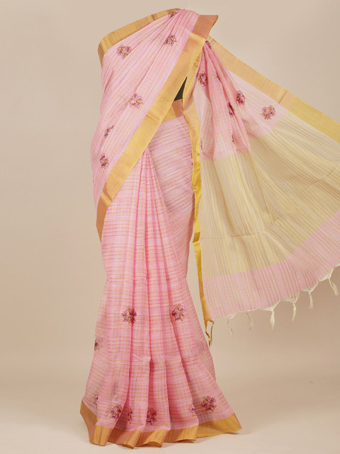 

Pothys Pink & Gold-Toned Floral Pure Cotton Saree