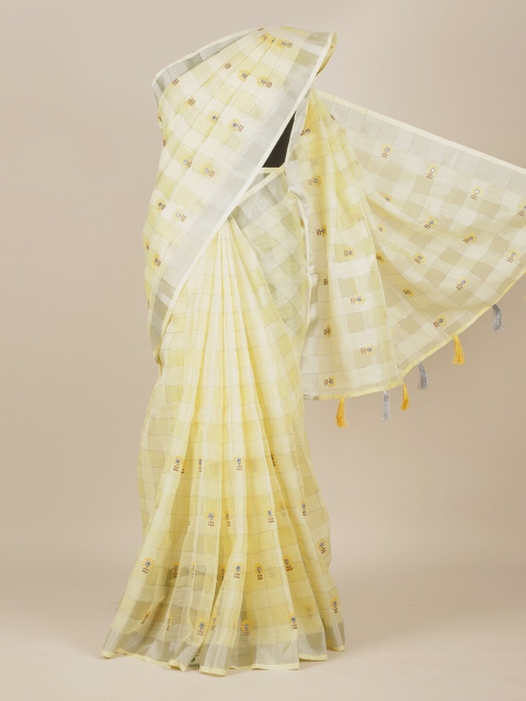 

Pothys Yellow & Blue Checked Embroidered Tissue Saree