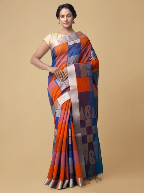 

Unnati Silks Blue & Orange Checked Silk Cotton Baluchari Saree