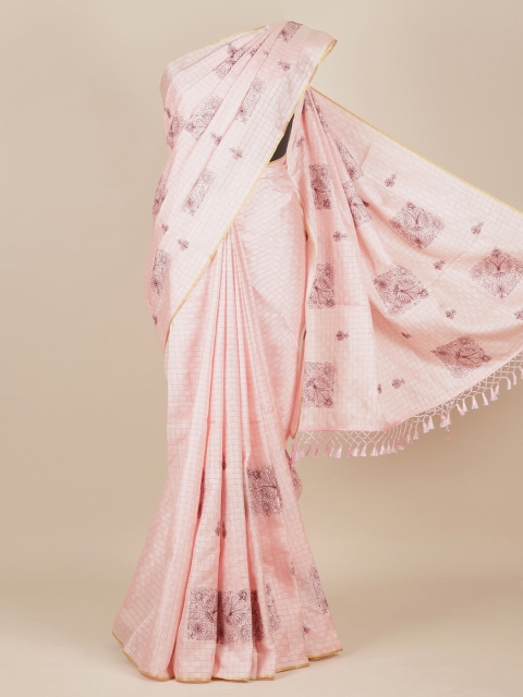 

Pothys Pink Floral Printed Jute Silk Saree With Tasseled Pallu