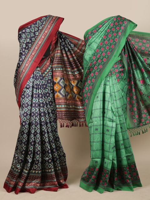 

Pothys Pack Of 2 Navy Blue & Green Floral Jute Silk Sarees