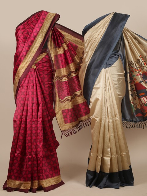 

Pothys Pack Of 2 Magenta & Beige Jute Silk Sarees