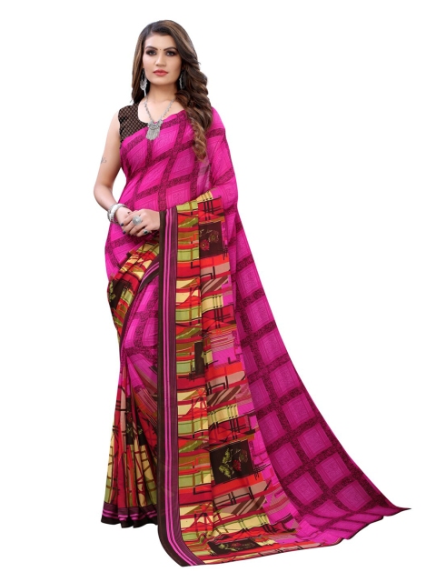 

KALINI Pink & Coffee Brown Pure Georgette Saree