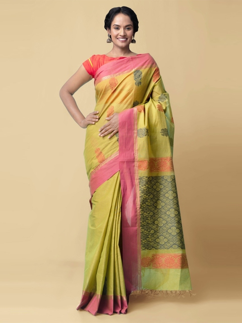 

Unnati Silks Green & Pink Ethnic Motifs Pure Cotton Uppada Handloom Saree
