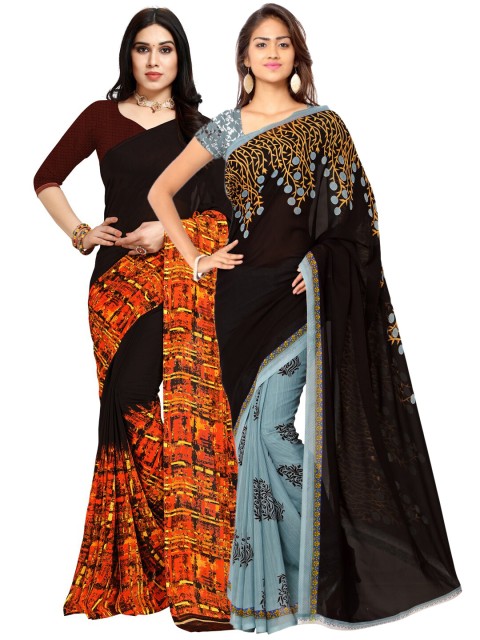

KALINI Pack of 2 Floral Poly Georgette Sarees, Black