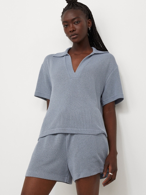 

H&M Women Blue Solid Slub-Knit Top